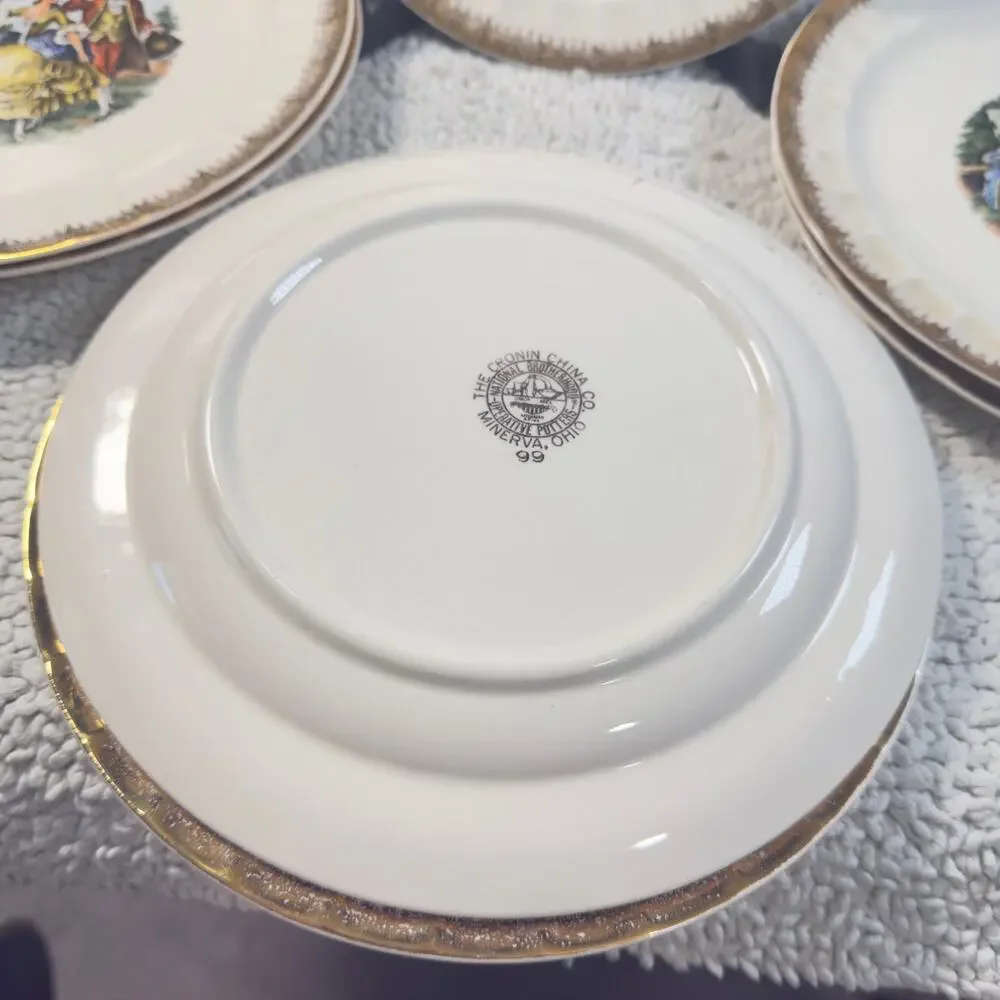Vintage Cronin China Minerva Oh 9” Luncheon Plate Colonial Gold Rim USA Set of 7